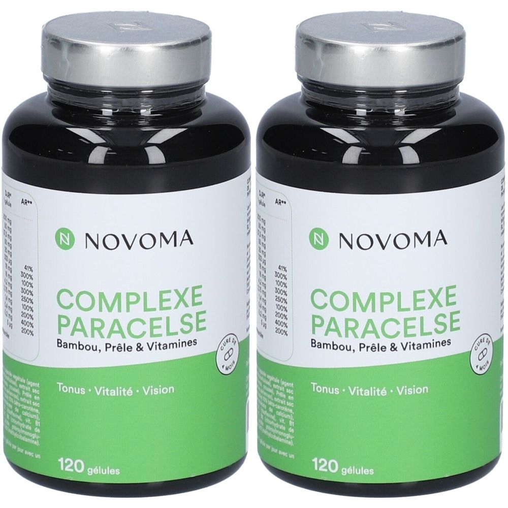 Deux flacons noirs avec bouchons argentés. Étiquettes : NOVOMA Complexe Paracelse, Bambou, Prêle & Vitamines. Contient 120 gélules.