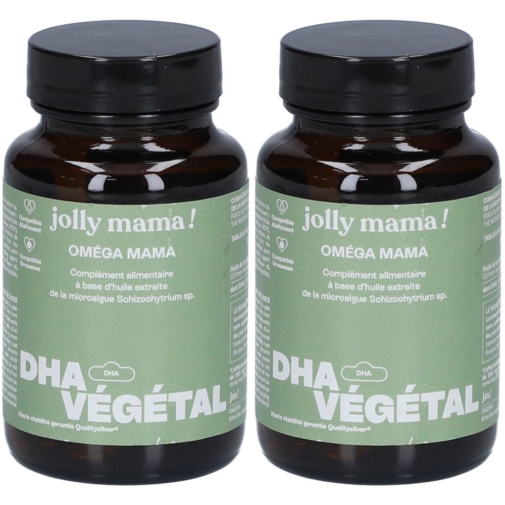 Deux flacons avec bouchon noir. Inscription: jolly mama! Oméga Mama, DHA VÉGÉTAL. Complément alimentaire.