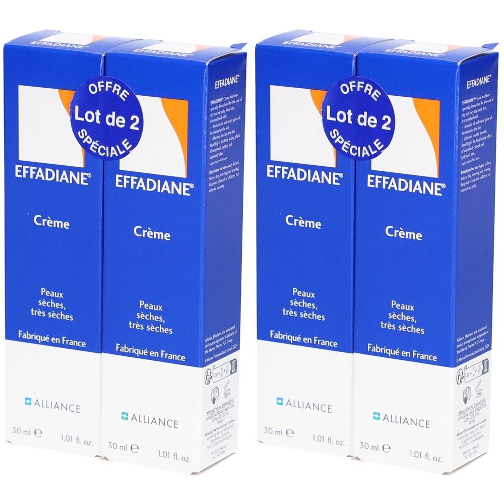 Deux boîtes bleues "EFFADIANE Crème". Texte: "Peaux sèches, très sèches". "Fabriqué en France". "Lot de 2" en évidence.