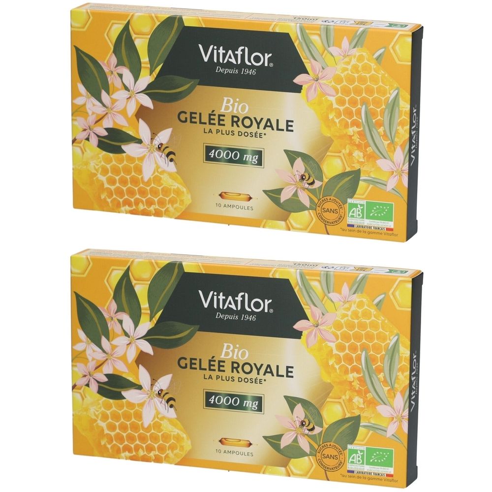 Deux boîtes de Vitaflor Bio Gelée Royale. Inscription : 4000 mg. Emballage jaune avec motifs floraux et abeilles. Label bio.