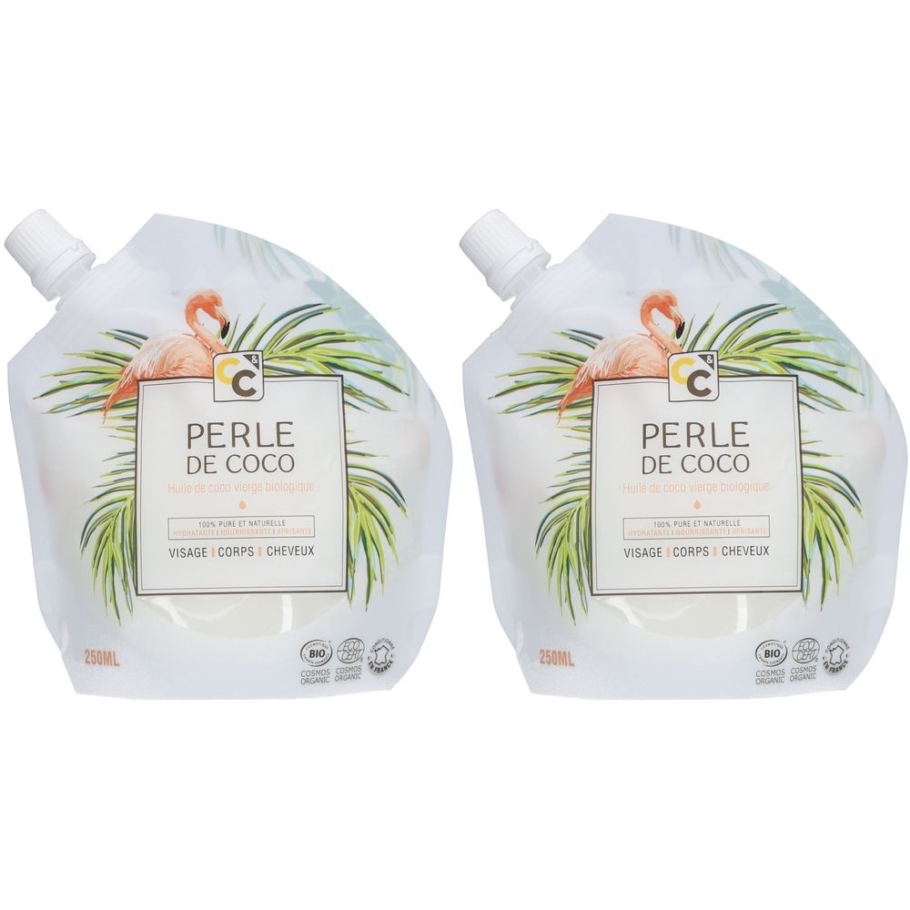 Deux doypacks blancs avec bouchon. Inscription Perle de Coco. Illustration de flamant rose et labels bio.