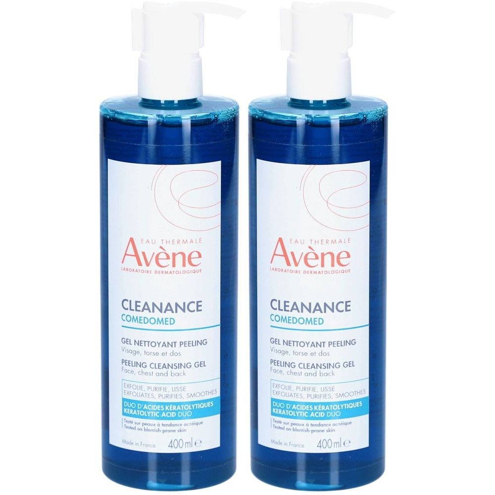 Deux flacons de gel nettoyant peeling Avène Cleanance Comedomed avec pompes. Liquide bleu clair.