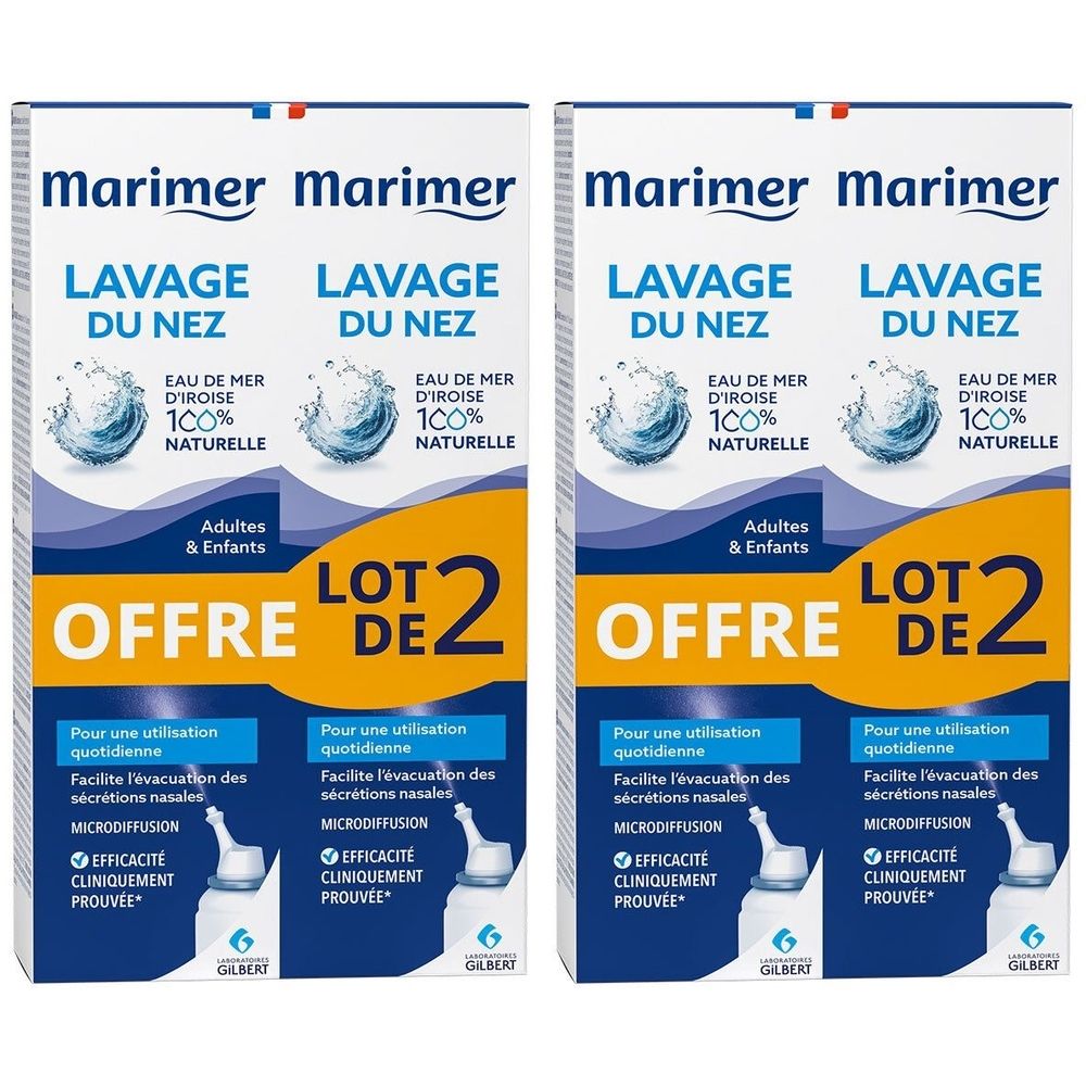 Deux boîtes de lavage nasal. Inscription: Marimer, Lavage du Nez, Eau de Mer, 100% Naturelle. Offre: Lot de 2.