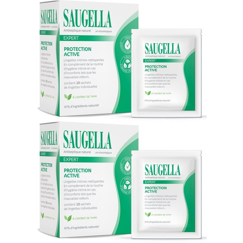 Deux boîtes et deux sachets individuels. Inscription: SAUGELLA EXPERT PROTECTION ACTIVE. Sachet: blanc avec arc vert.