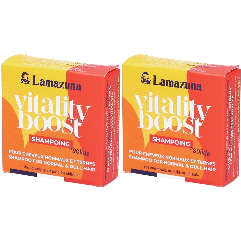 Deux shampoings solides Lamazuna Vitality Boost dans leur emballage jaune et orange.