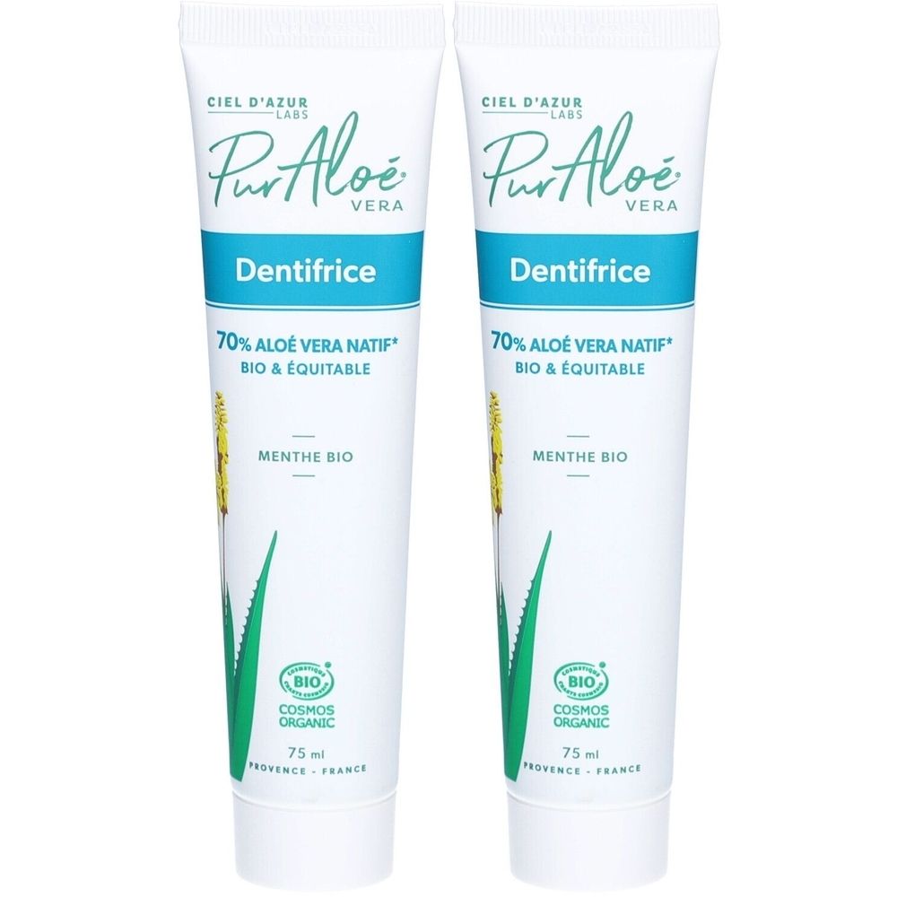Deux tubes de dentifrice CIEL D'AZUR PurAloe Vera Menthe Bio, 75ml.