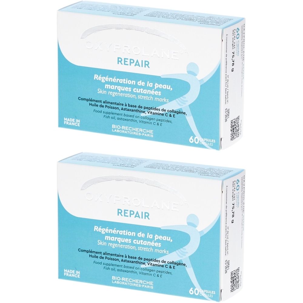 Deux boîtes Oxyprolane Repair. Inscription: Régénération de la peau, marques cutanées. 60 gélules. Fabriqué en France.