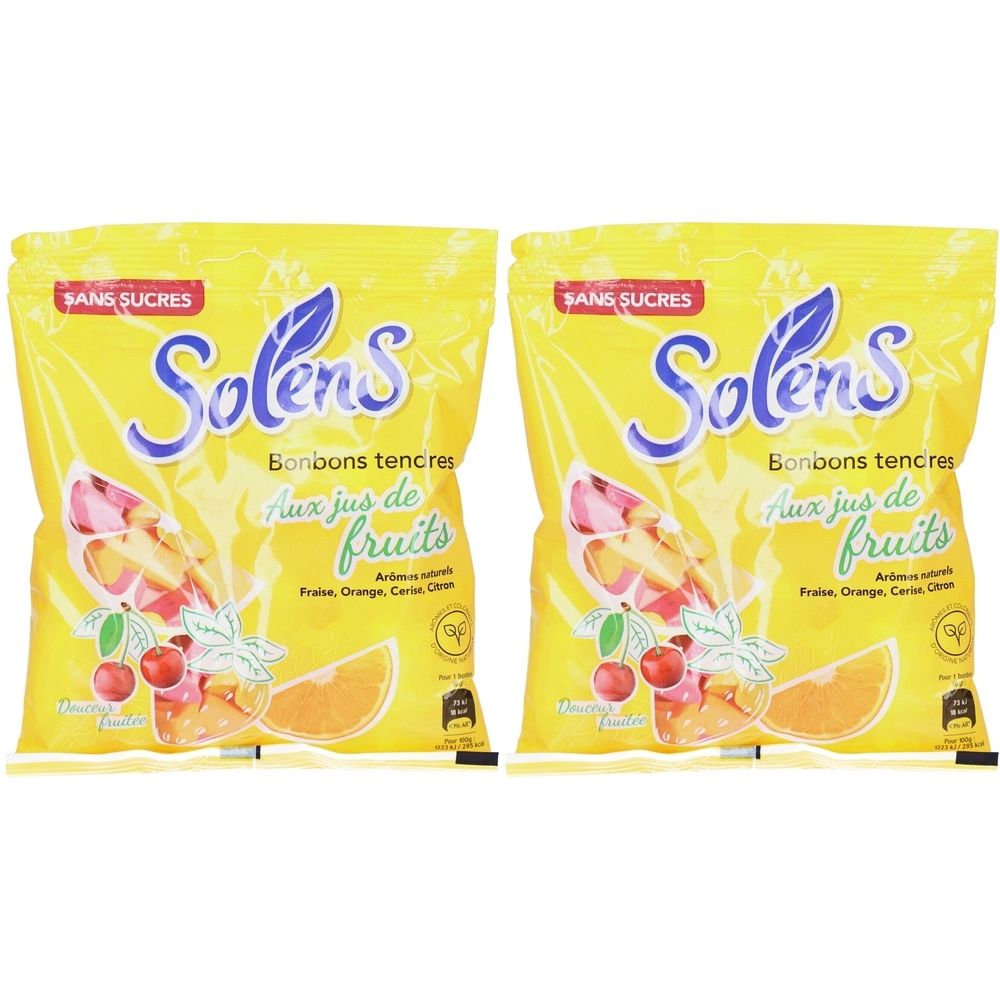 Deux sachets jaunes de bonbons SOLENS. Inscription: Bonbons tendres aux jus de fruits sans sucres. Illustration de fruits.