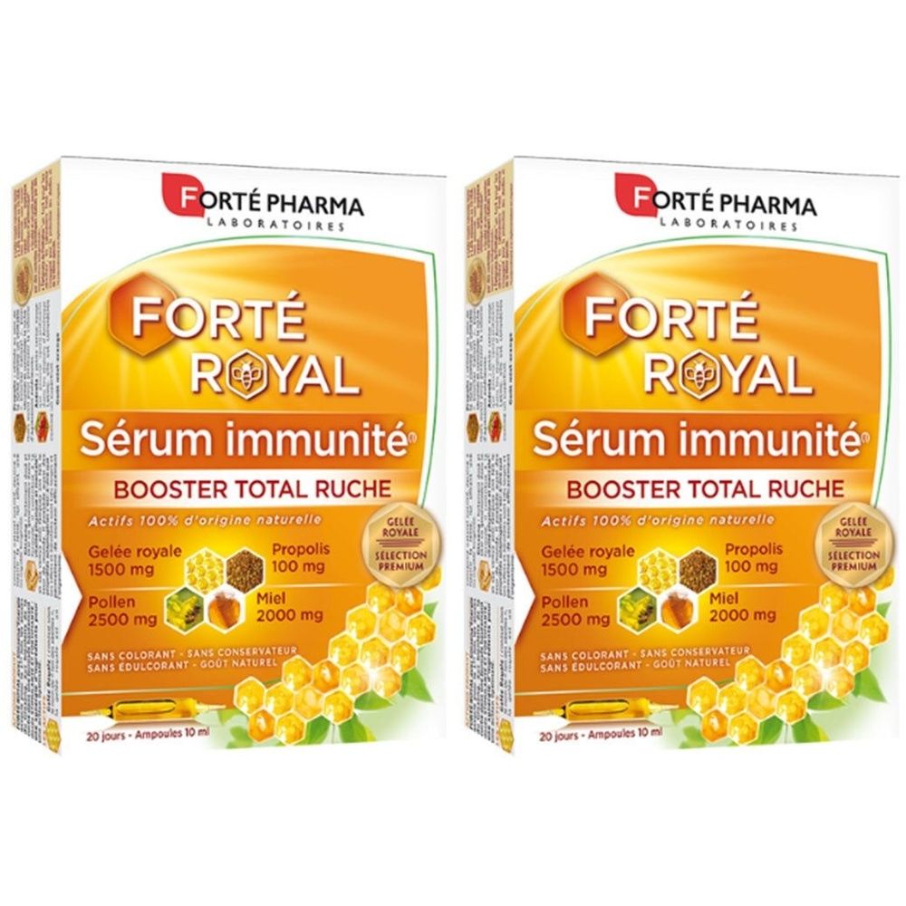 Deux boîtes de Forté Royal Sérum Immunité. Inscription: Booster Total Ruche, Gelée Royale, Propolis, Miel, Pollen. 30 ampoules.