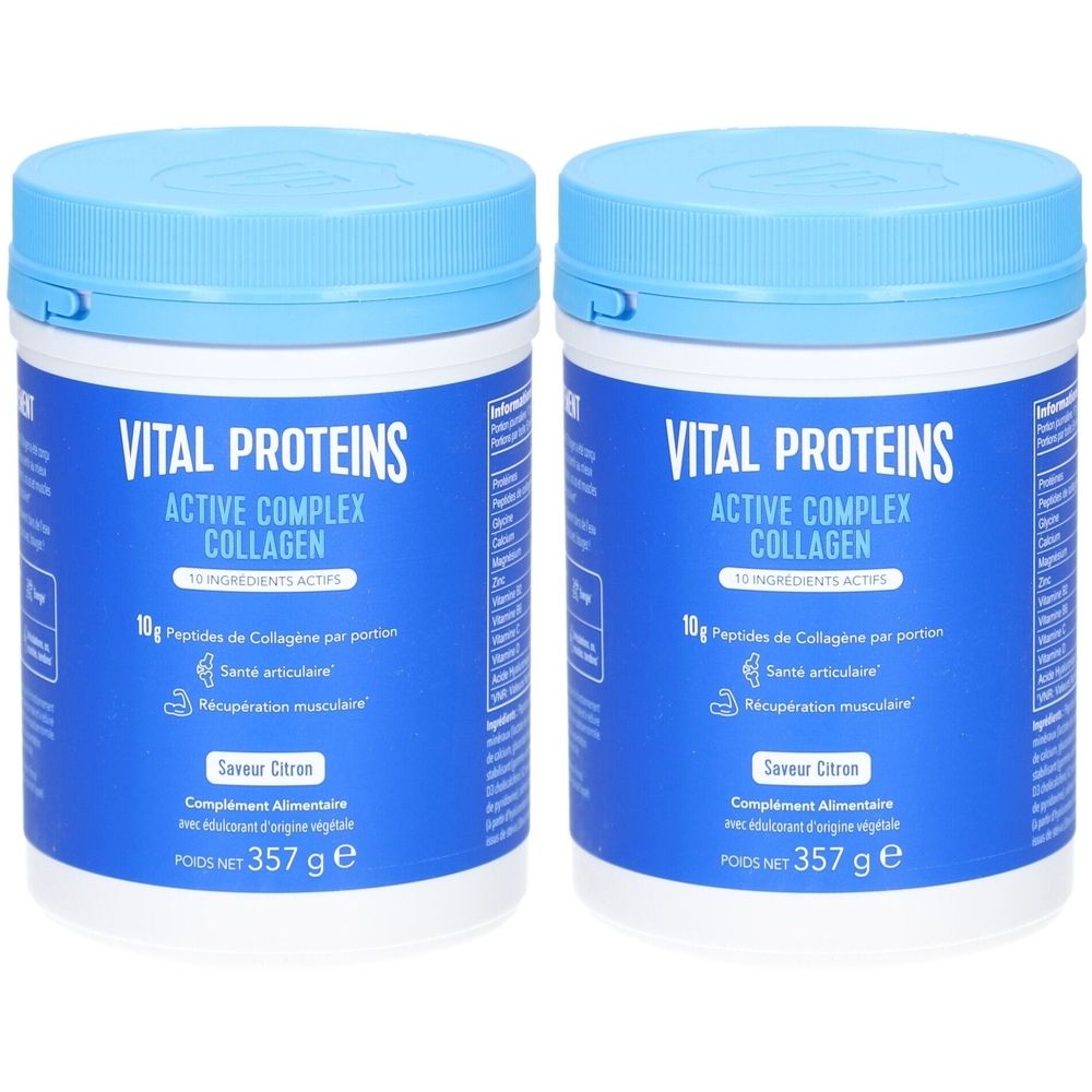 Deux pots bleus avec étiquette blanche. Inscription: VITAL PROTEINS ACTIVE COMPLEX COLLAGEN. Contient 10g peptides de collagène, 357g.