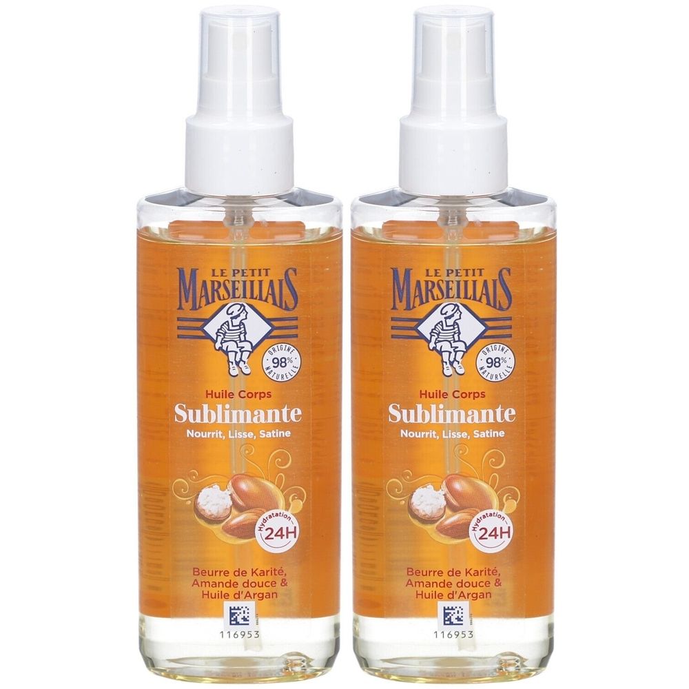 Deux flacons d'Huile Corps Sublimante Le Petit Marseillais avec spray. Liquide clair, étiquette orange.