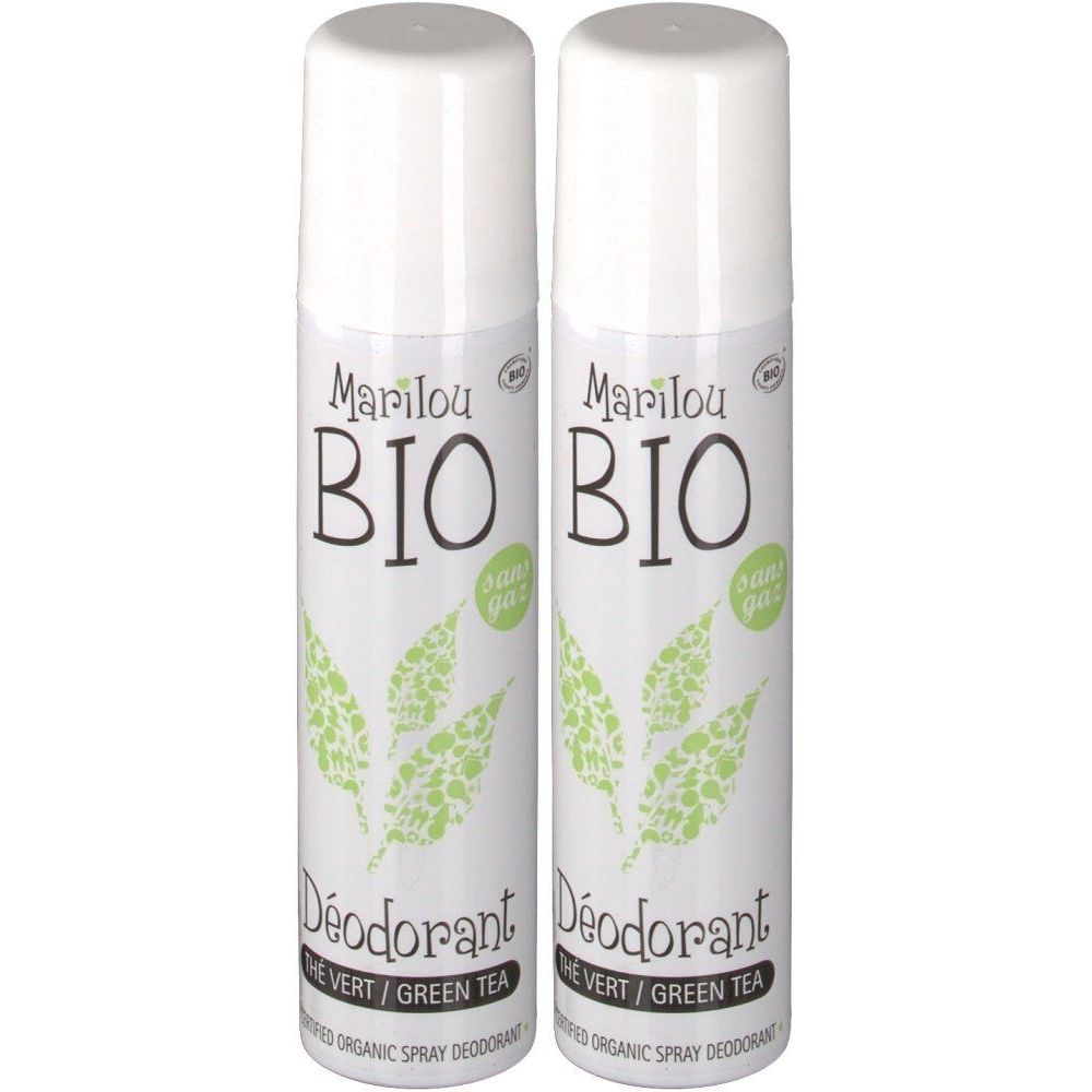 Deux déodorants en spray avec bouchon blanc. Inscription: Marilou BIO, Déodorant, thé vert. Certification bio.