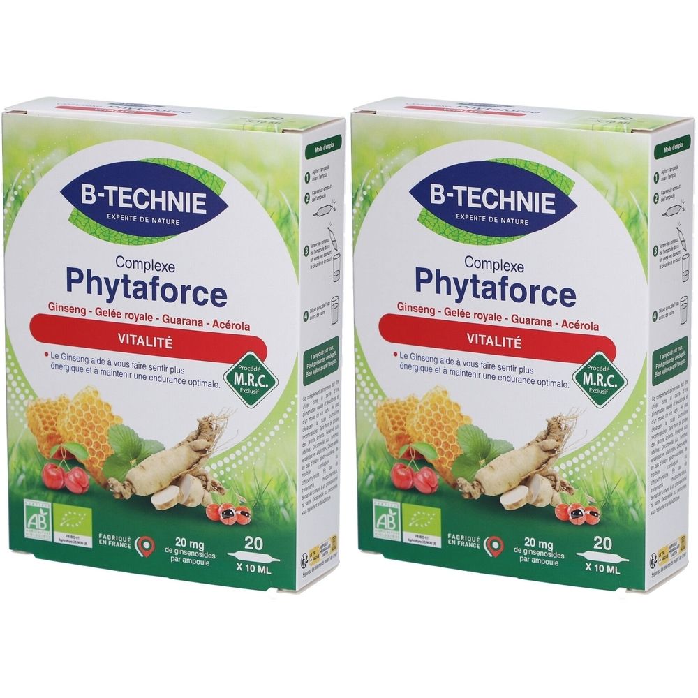 Deux boîtes de BIOTECH BIO PHYTAFORCE AMP. Inscription: Phytaforce, Ginseng, Gelée royale, Guarana, Acerola. Vitalité. 20 ampoules.