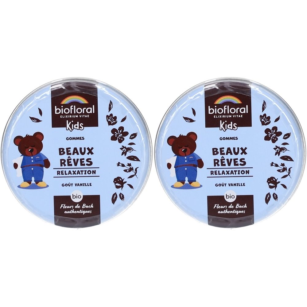 Deux boîtes rondes BIOFLORAL Kids. Chaque boîte présente un ours en peluche et l'inscription "BEAUX RÊVES RELAXATION". Saveur vanille.