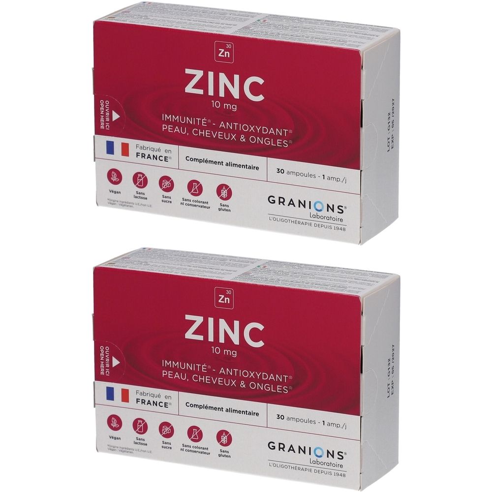 Deux boîtes de complément alimentaire au zinc. Inscription : ZINC 10 mg, immunité, antioxydant, peau, cheveux et ongles. Marque : GRANIONS.