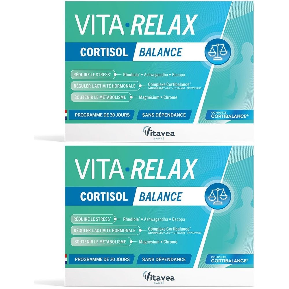 Deux boîtes de Vita Relax Cortisol Balance. Contient Rhodiola, Ashwagandha, Bacopa, Magnésium et Chrome.
