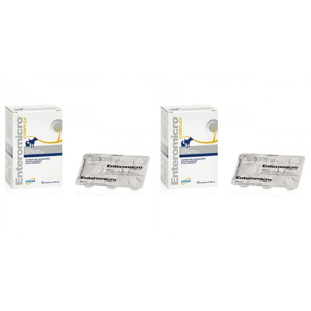 Plusieurs boîtes et plaquettes thermoformées. Sur les boîtes, il est écrit Enteromicro Complex. Sur les blisters, Enteromicro.