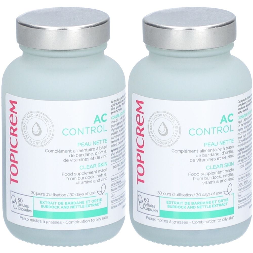 Deux flacons Topicrem AC Control. Flacons bleu clair avec couvercles argentés. Inscription : AC Control, Peau Nette, Clear Skin.