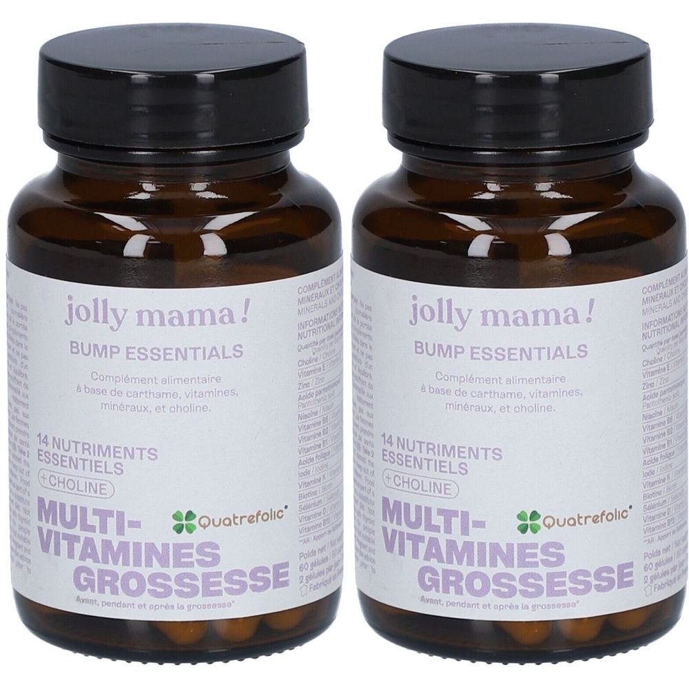 Deux flacons en verre brun avec des bouchons noirs. Les étiquettes indiquent "jolly mama!" et "BUMP ESSENTIALS".