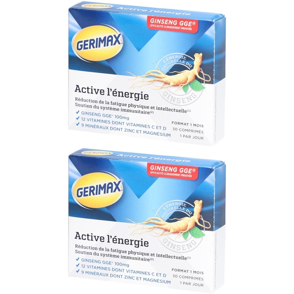 Deux boîtes de Gerimax Active l'Énergie. Emballage bleu avec nom du produit et image de ginseng. Contient 30 comprimés.