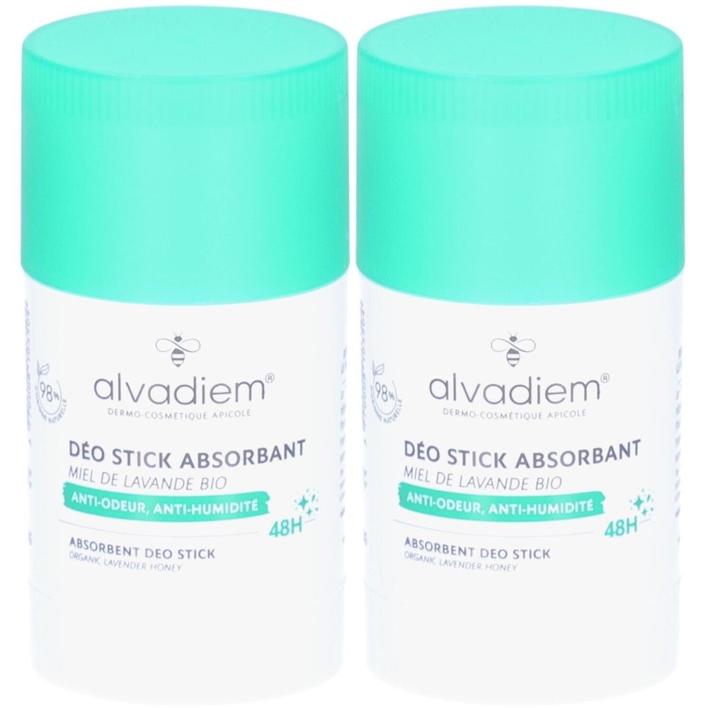 Deux sticks déodorants avec couvercles vert menthe. Inscription : Alvadiem, Déo Stick Absorbant, Anti-odeur, Anti-humidité.