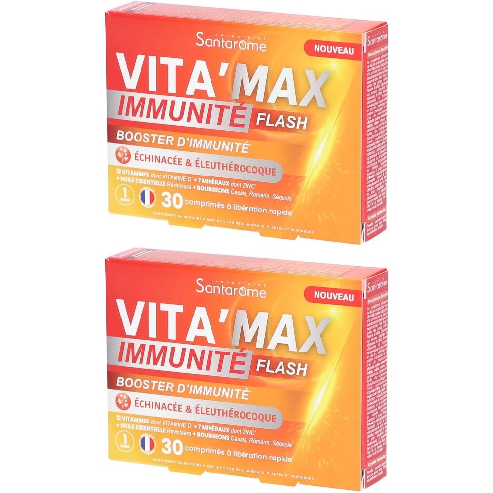 Deux boîtes de Santarome Vita'max Immunité Flash. Inscription: Booster d'immunité, Échinacée & Éleuthérocoque, 30 comprimés à libération rapide.