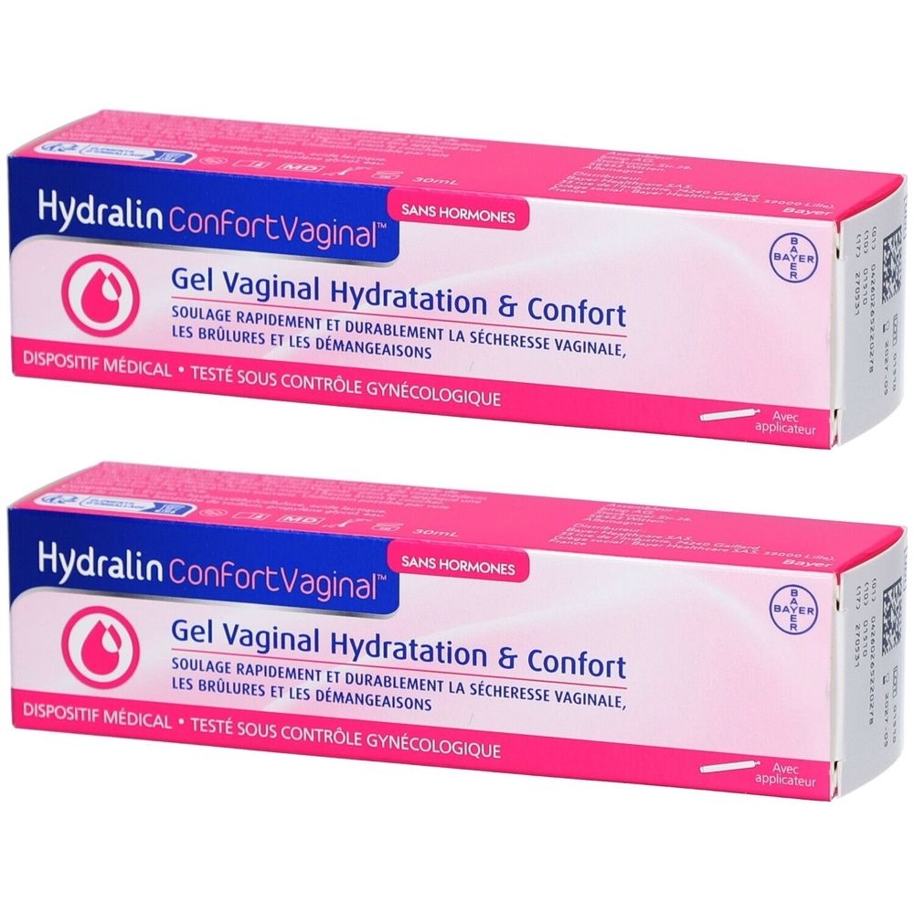 Deux boîtes roses. Marque et texte: Gel Vaginal Hydratation & Confort. Sans hormones. Avec applicateur. Dispositif médical.