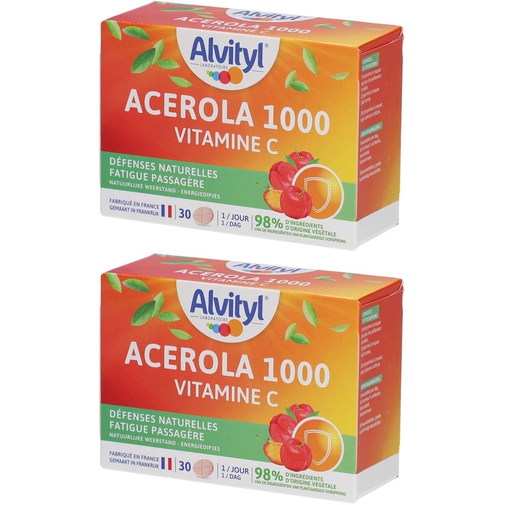 Deux boîtes Alvityl Acérola 1000 Vitamine C. Emballage orange avec nom du produit, illustration de fruits et feuilles vertes.