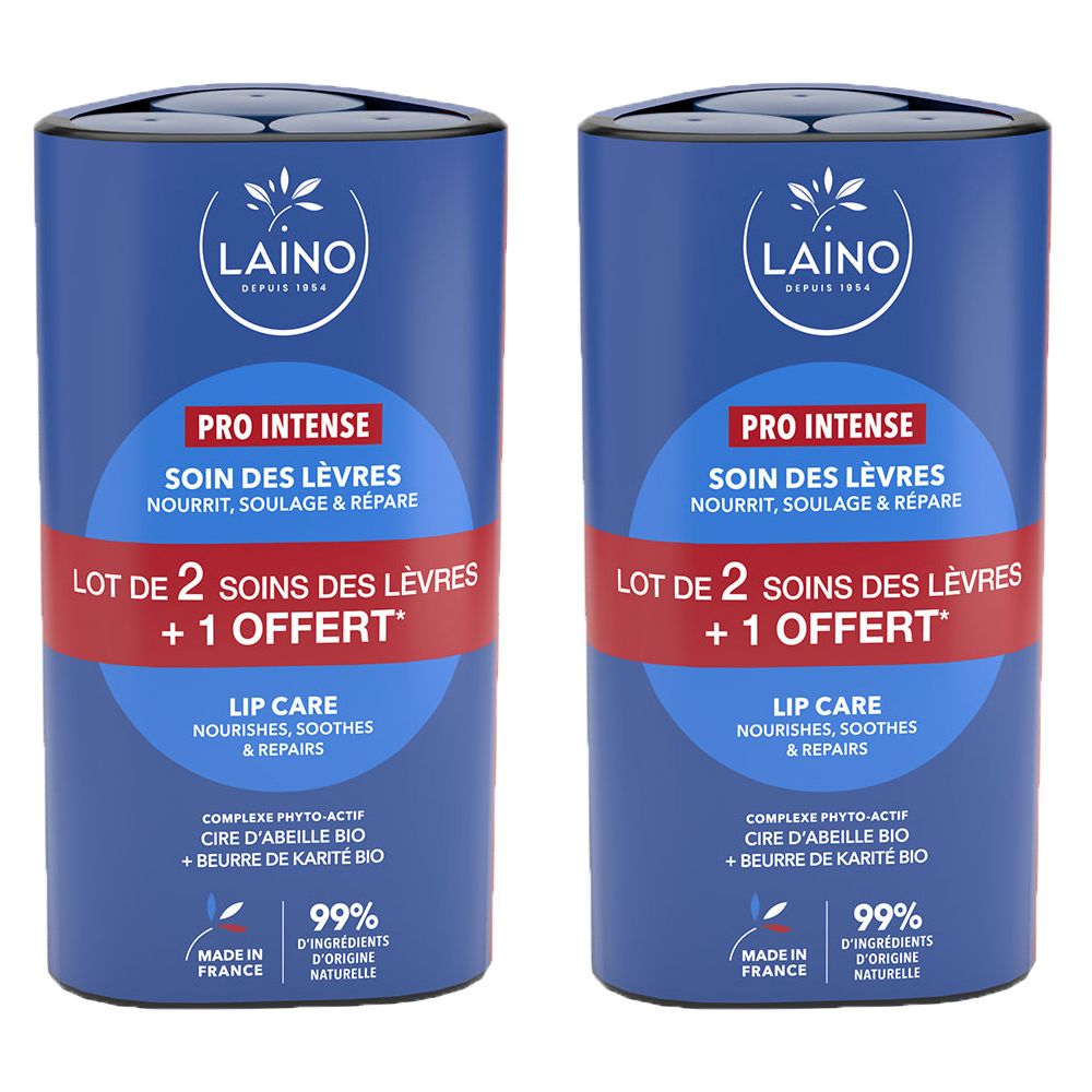 Deux tubes de LAINO Soin des Lèvres Pro Intense, offre 2+1 gratuit.