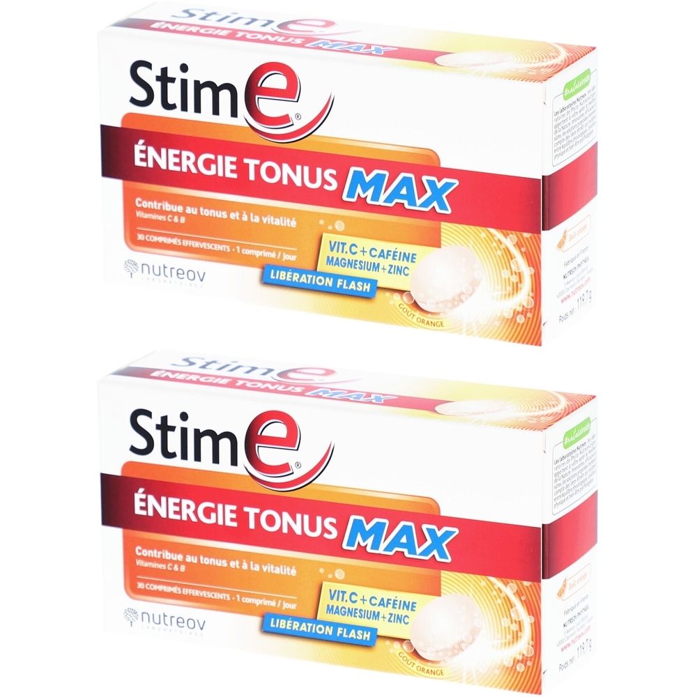 Deux boîtes de Stime Énergie Tonus MAX. Contient vitamine C, caféine, magnésium et zinc. Comprimés blancs visibles.