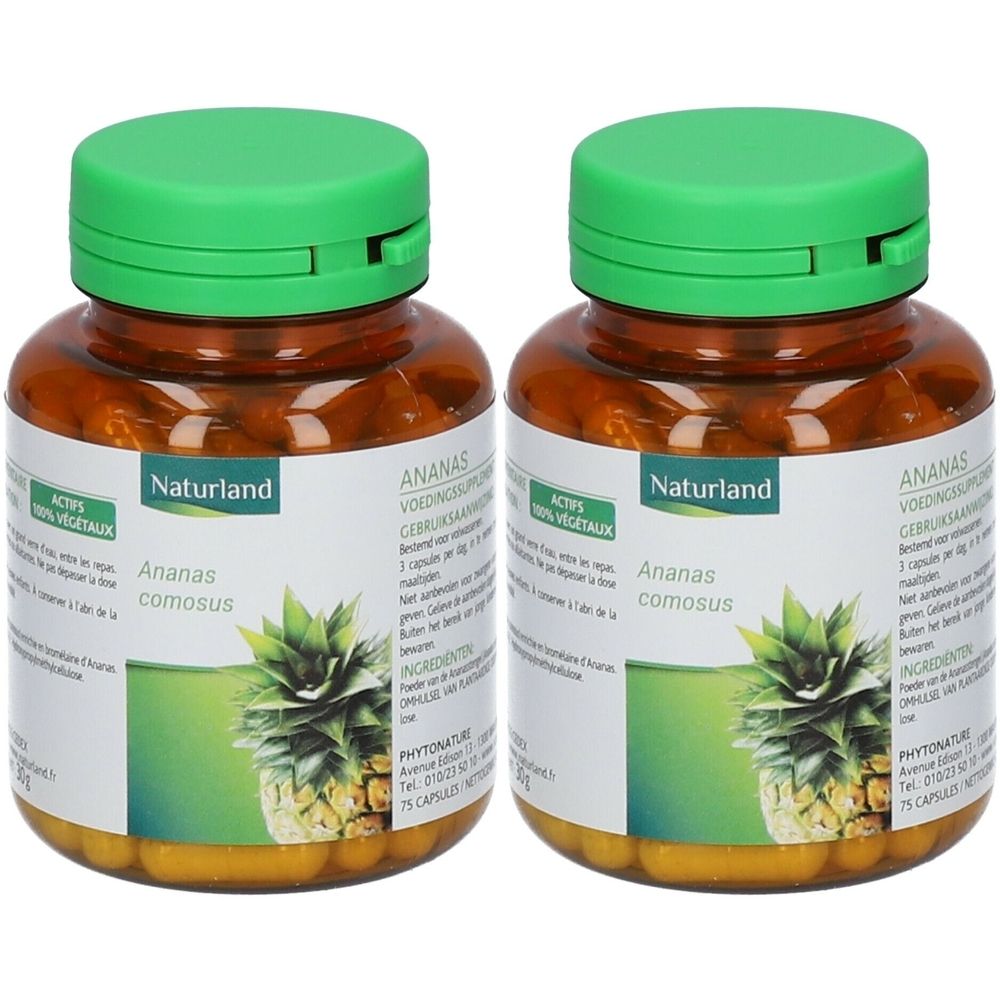 Deux flacons avec des couvercles verts. Étiquettes avec Naturland, Ananas comosus et une image d'ananas. Gélules visibles.