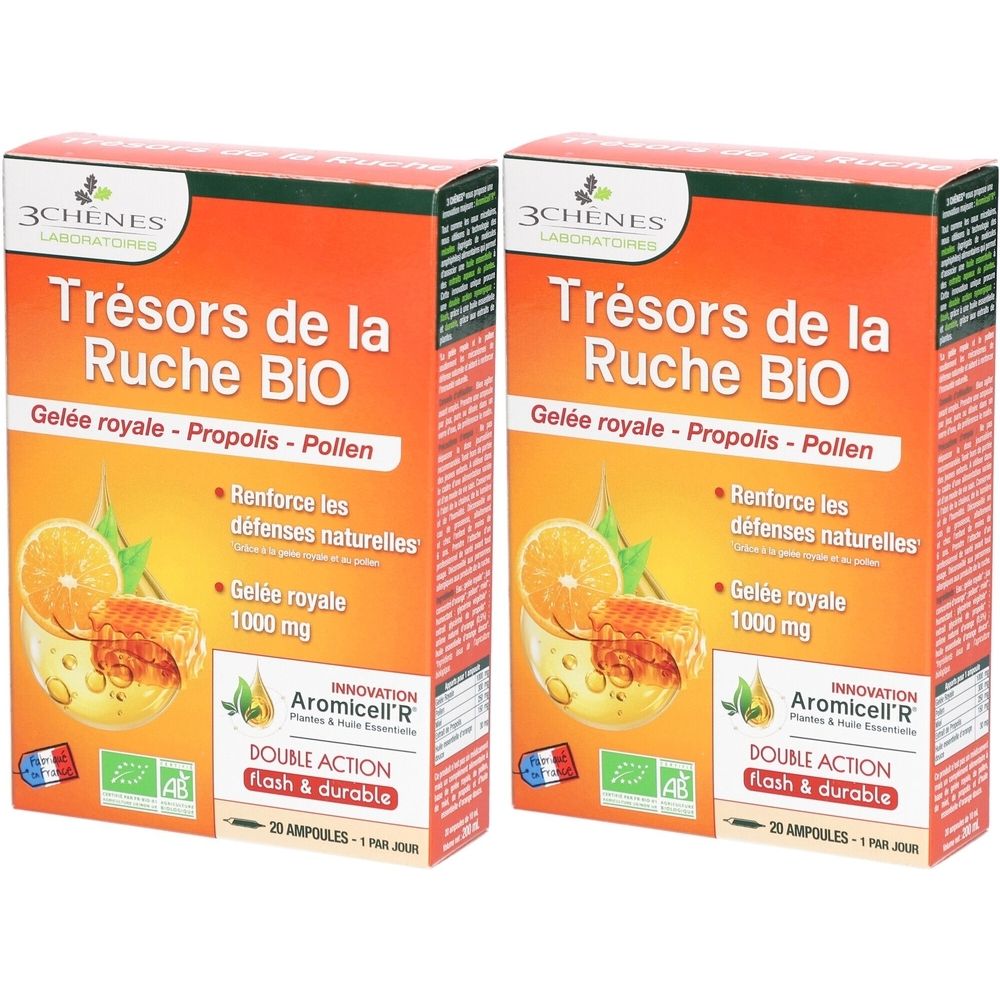 Deux boîtes orange. Inscription: Trésors de la Ruche BIO. Contient gelée royale, propolis, pollen. Drapeau français et label bio.