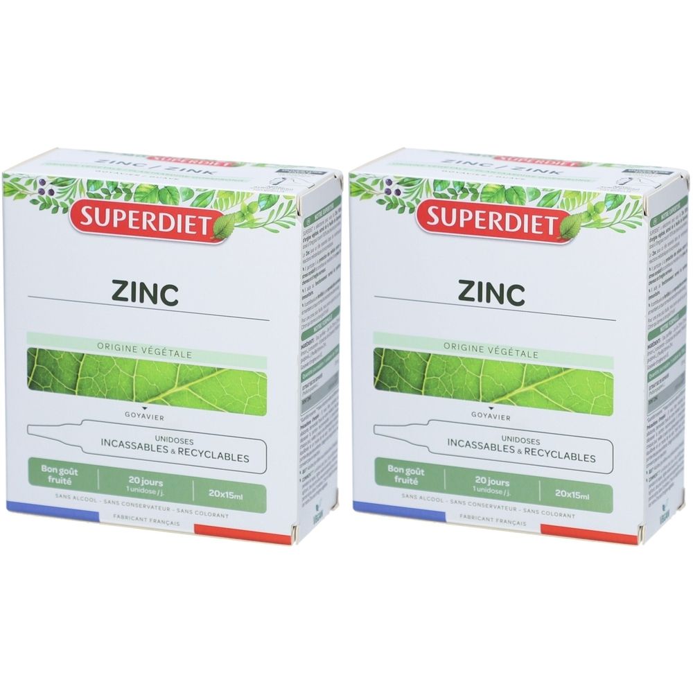 Deux boîtes de ZINC. Le logo SUPERDIET est visible. Chaque boîte présente un dessin de feuille verte et des informations textuelles supplémentaires.