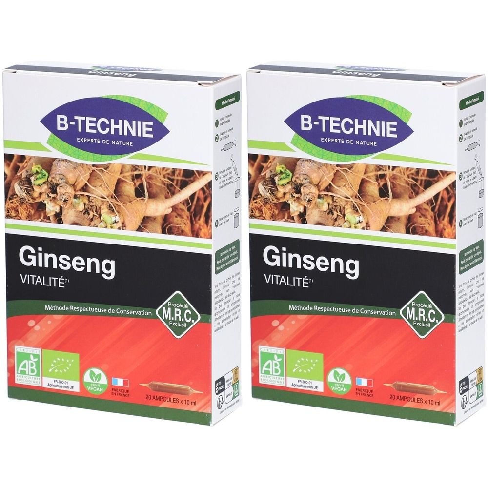 Deux boîtes de B-TECHNIE Ginseng Vitalité. Inscription Ginseng Vitalité. Avec label AB bio et logo M.R.C.