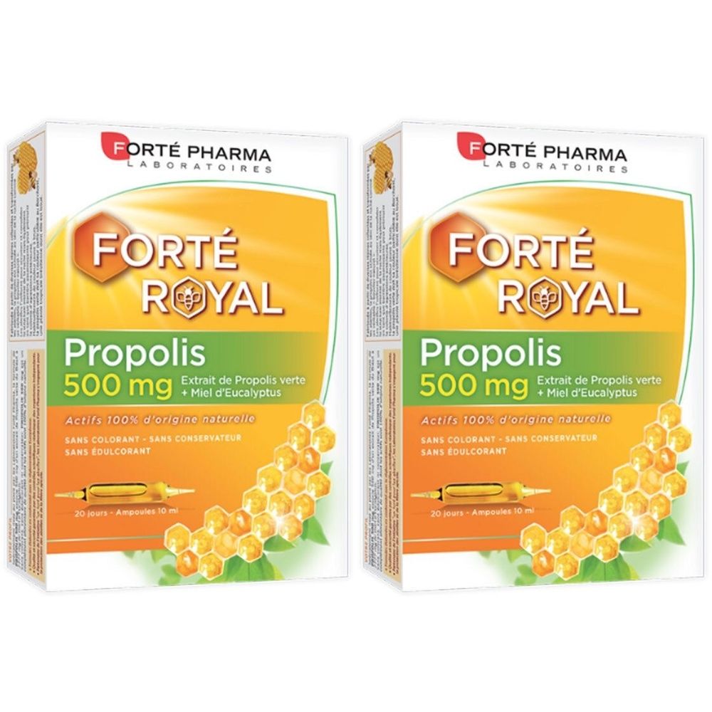 Deux boîtes de Forté Royal Propolis 500 mg. Inscription : Extrait de Propolis verte + Miel d'Eucalyptus. Sans colorant, conservateur, édulcorant.