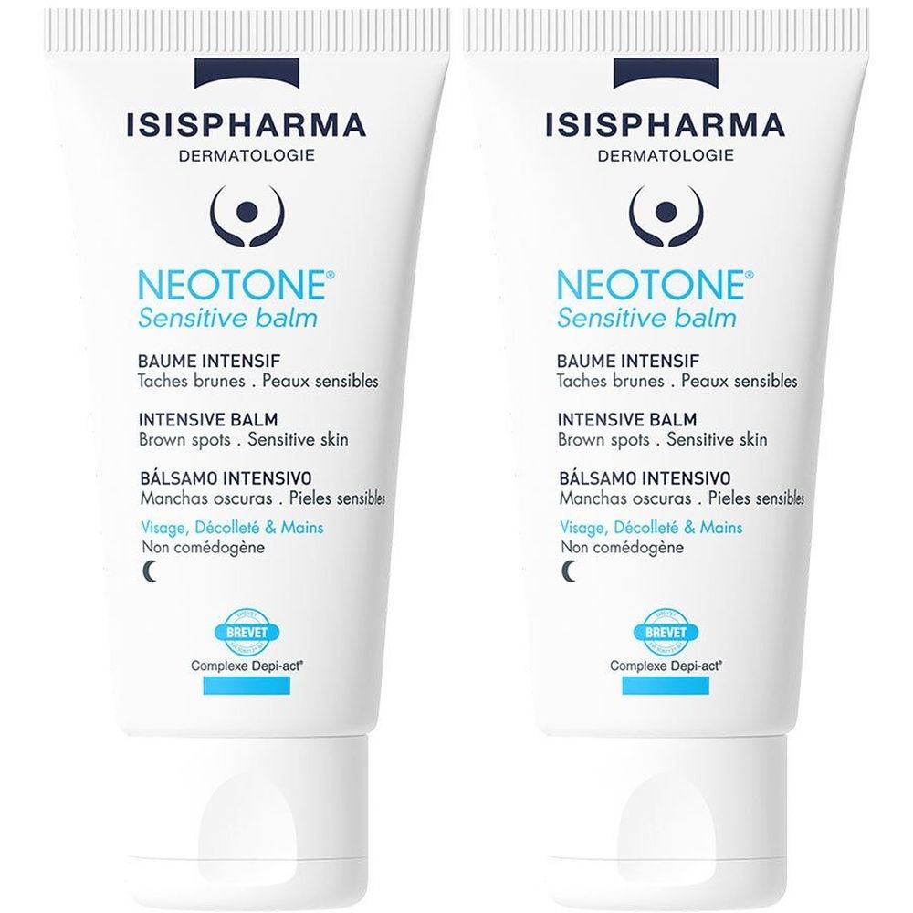 Deux tubes blancs de Neotone Sensitive Balm d'ISISPHARMA, avec texte et logo bleus.