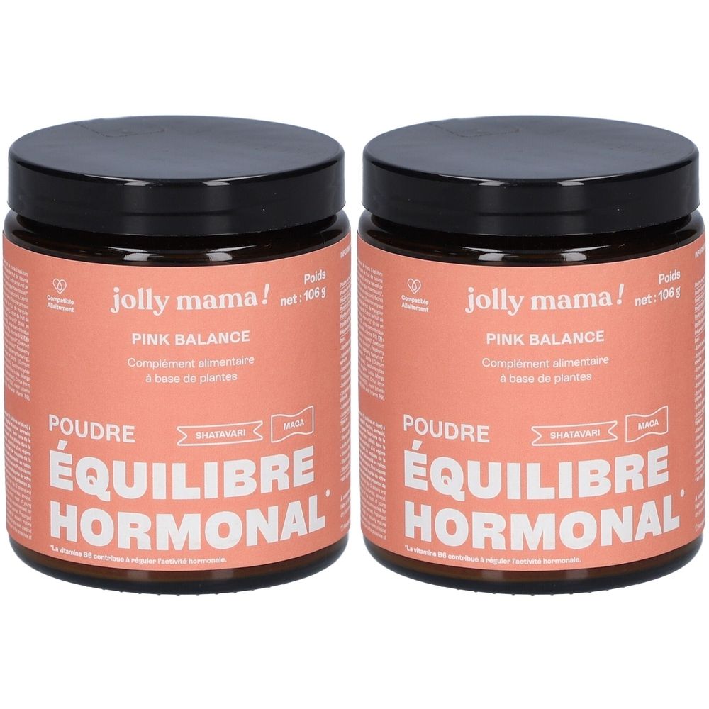 Deux pots JOLLY MAMA Pink Balance. Étiquette rose avec texte: Poudre Équilibre Hormonal. Couvercle noir. Poids net 106 g.