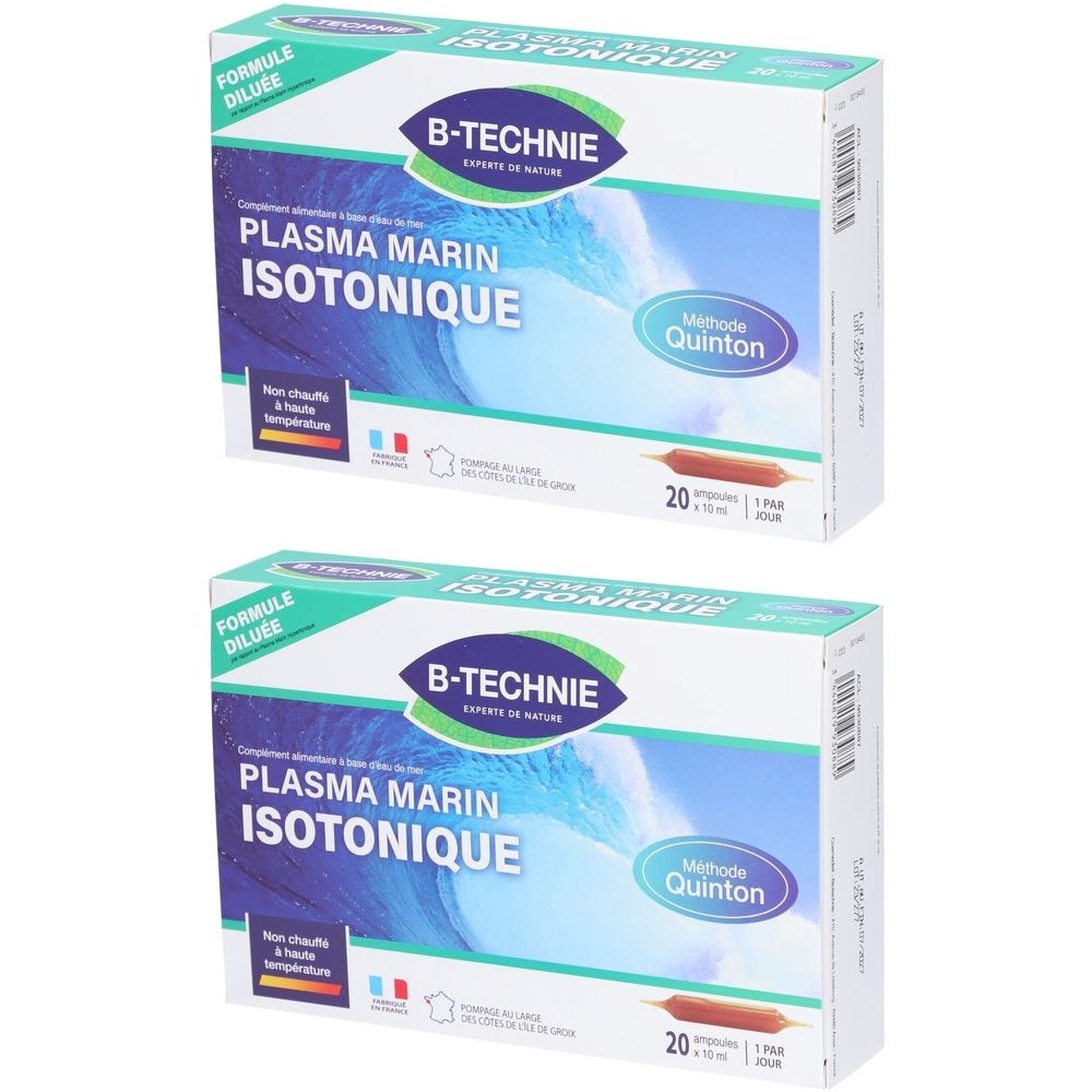 Deux boîtes de « PLASMA MARIN ISOTONIQUE » et « B-TECHNIE ». Chaque boîte contient 20 ampoules. Méthode Quinton.