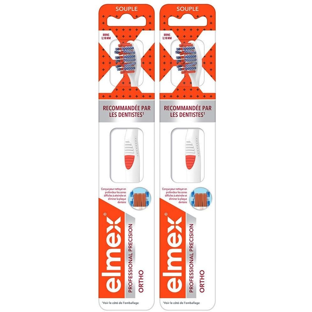 Deux brosses à dents Elmex Professional Precision Ortho en pack duo. Poils souples, manche rouge et blanc.