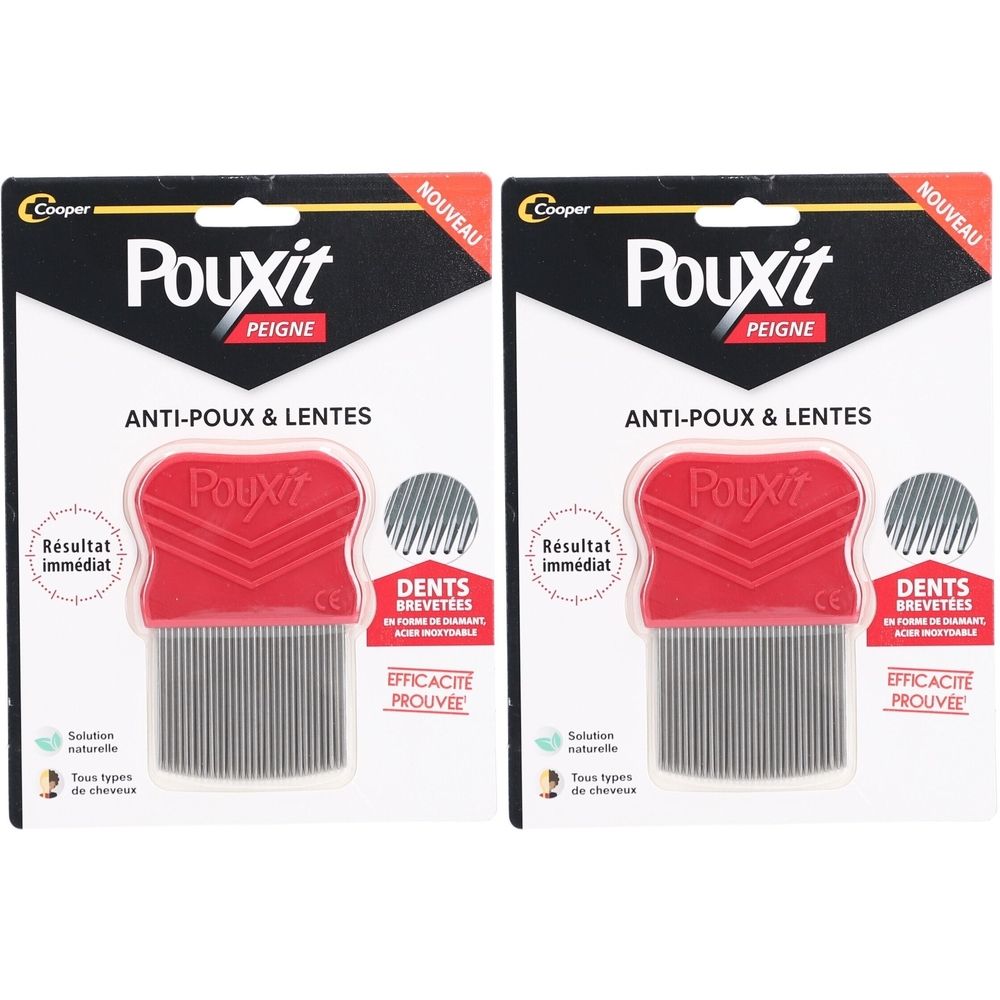 Deux boîtes de peignes à poux. Manche rouge, dents métalliques. Inscription : Pouxit, Anti-poux & lentes. Nouveau.
