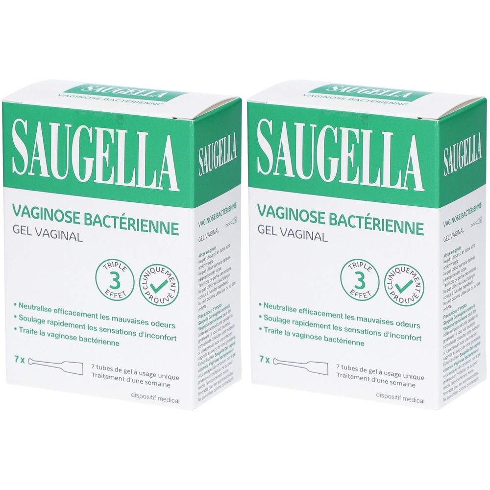 Deux boîtes avec texte vert et blanc. Inscription: SAUGELLA, Vaginose Bactérienne, Gel Vaginal. Avec logo et texte.