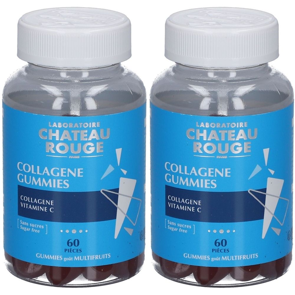 Deux flacons avec bouchons blancs et étiquettes bleues. Les étiquettes indiquent "Laboratoire Château Rouge Collagene Gummies".