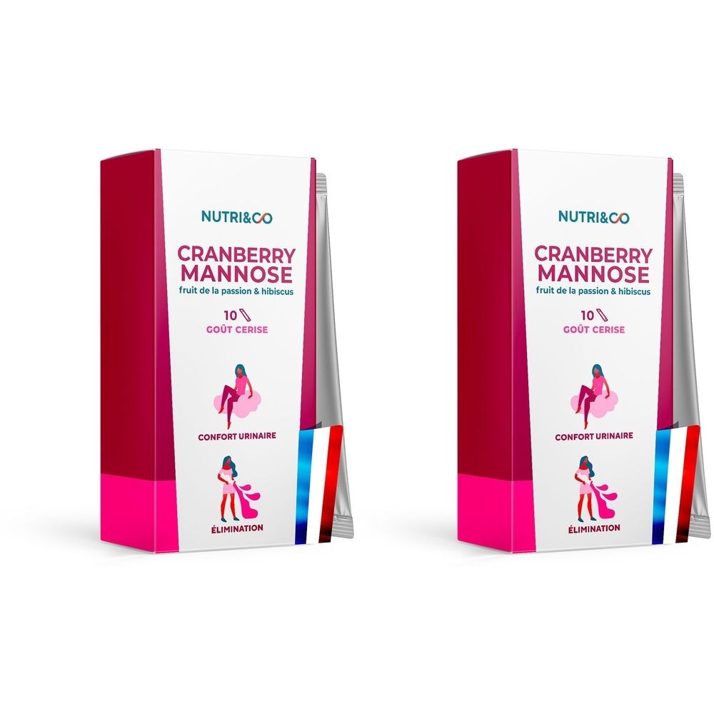 Deux boîtes rectangulaires avec informations produit. Inscription: NUTRI&CO, Cranberry Mannose, 10% goût cerise. Illustrations et drapeau français.