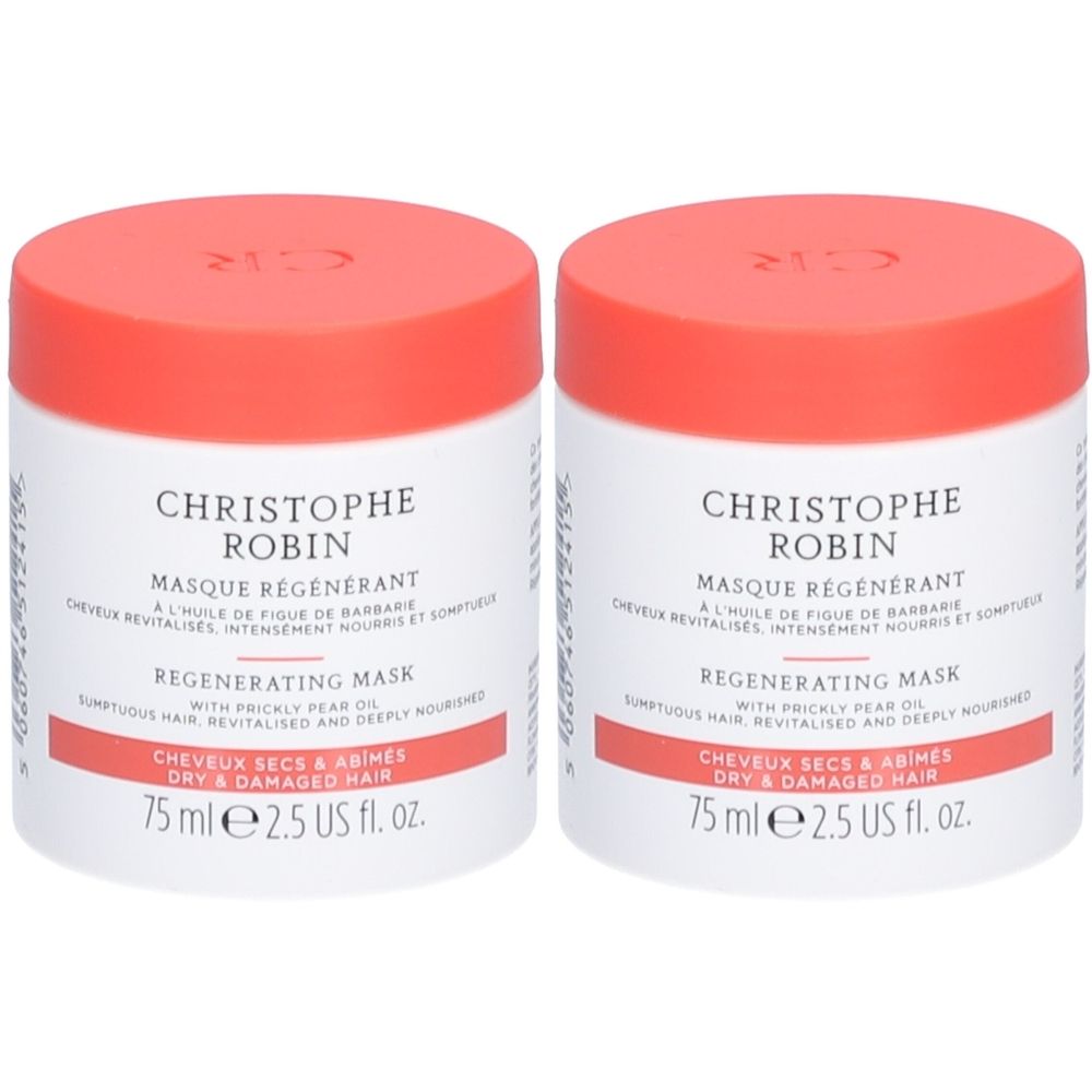 Deux pots blancs à couvercle rouge, Masque Régénérant Christophe Robin pour cheveux secs et abîmés.