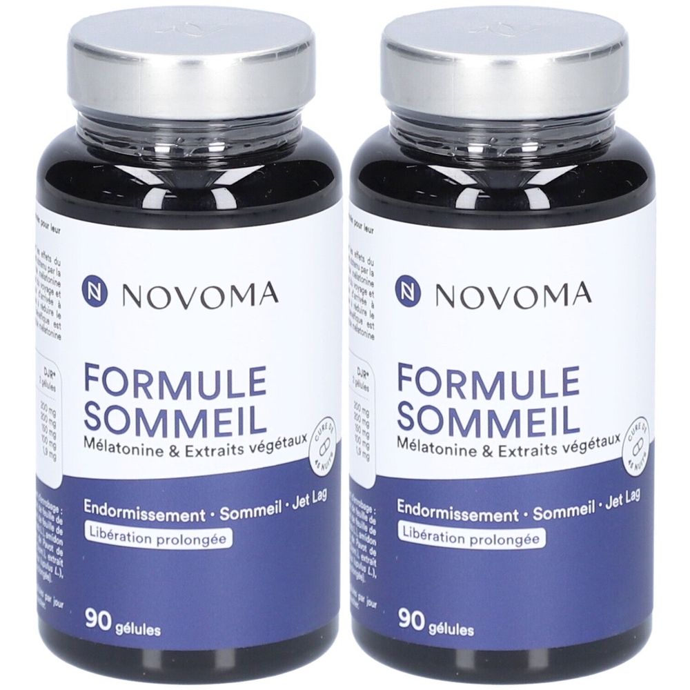 Deux flacons de gélules noires. L'étiquette indique NOVOMA Formule Sommeil, 90 gélules. Contient de la mélatonine et des extraits végétaux.