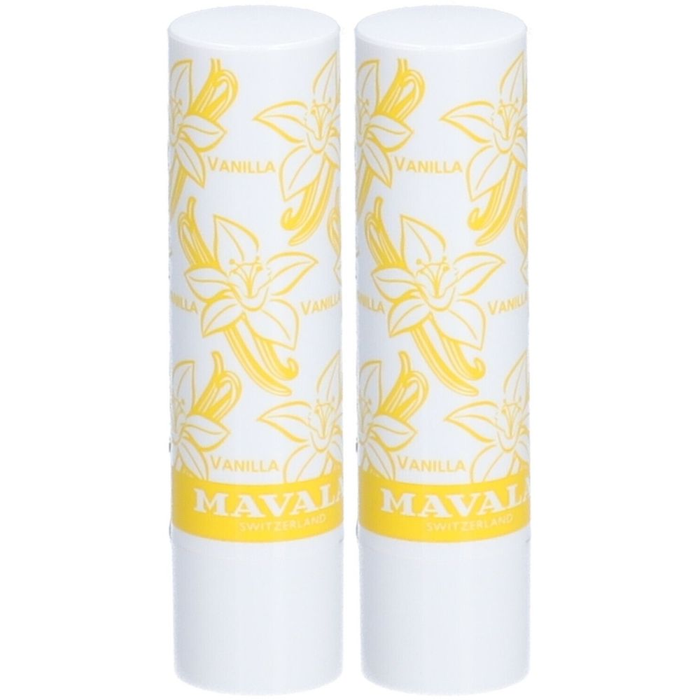 Deux bâtons de baume à lèvres Mavala avec un motif de fleur de vanille.