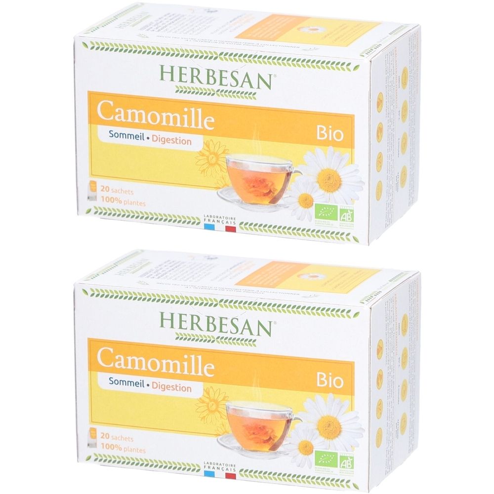 Deux boîtes de Herbesan Camomille Bio. Inscriptions: Camomille, Sommeil, Digestion, label Bio, 20 sachets.