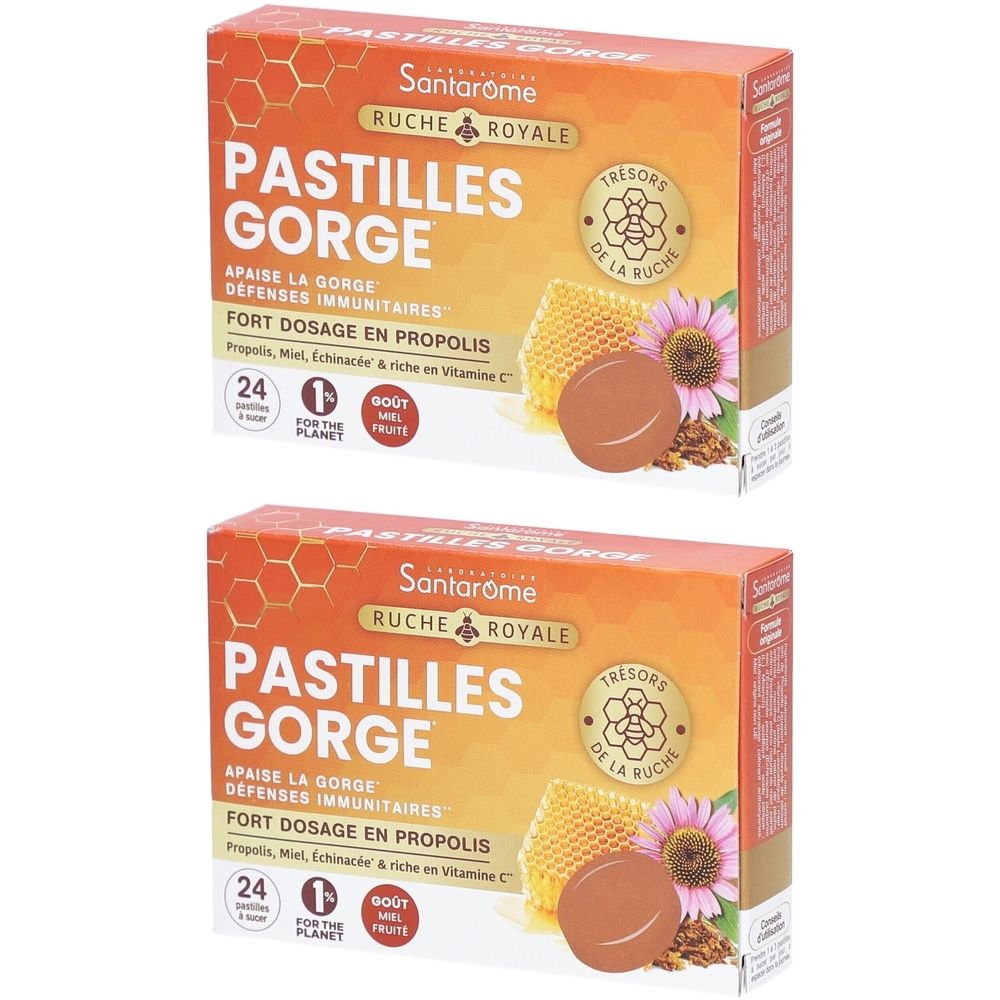 Deux boîtes de Pastilles Gorge Santarome. Inscription : Pastilles Gorge, 24 pastilles, goût miel. Illustration de rayon de miel et fleur.