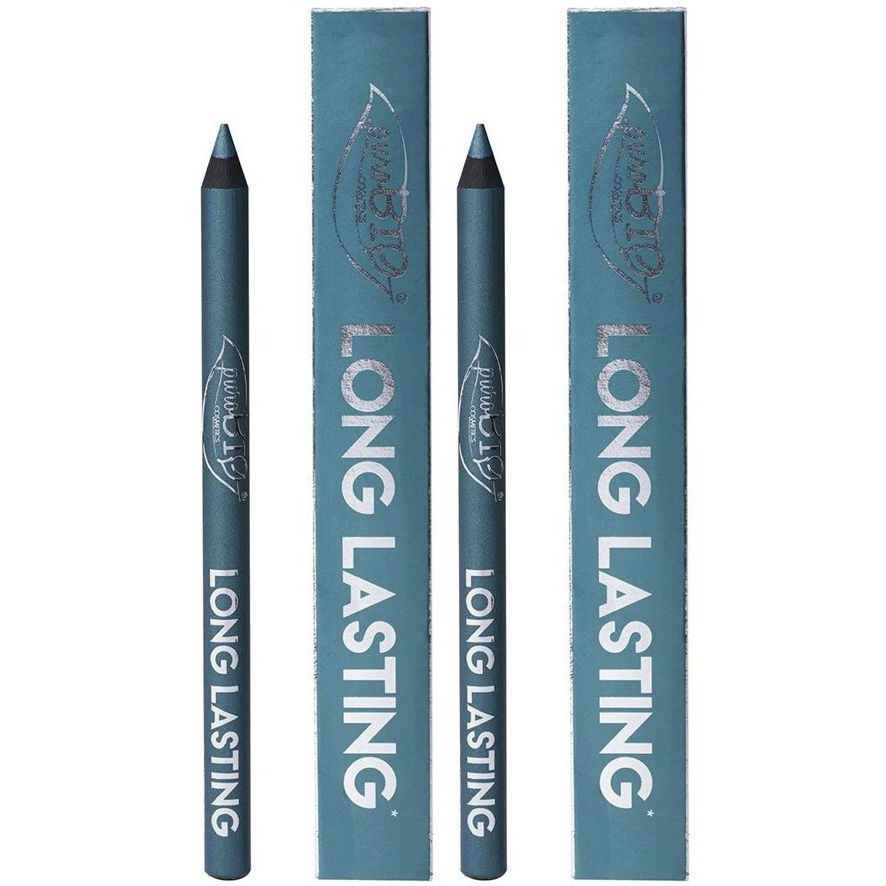 Crayon pour les yeux turquoise et emballage. Inscription : LONG LASTING. Marque : Purobio.