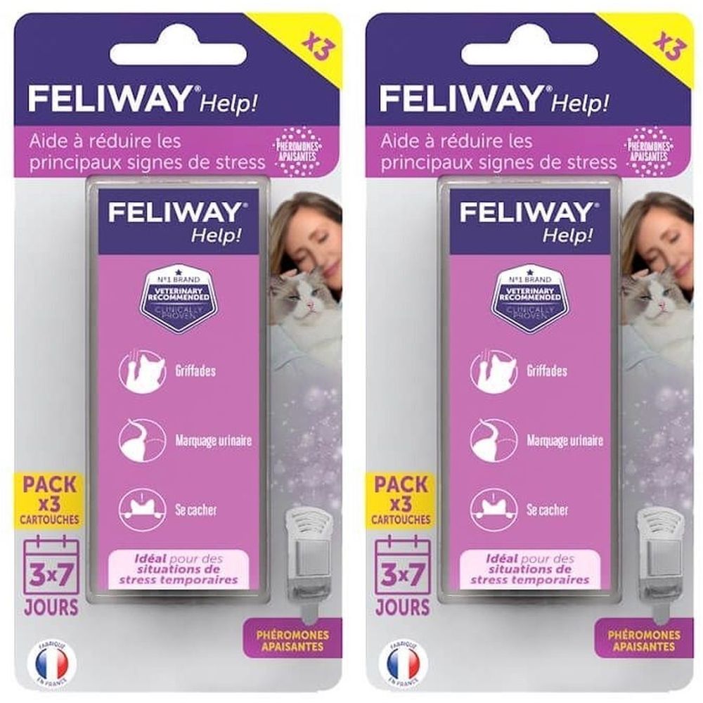 Deux packs FELIWAY Help! de 3 recharges pour diffuseur. Pour le stress temporaire des chats.